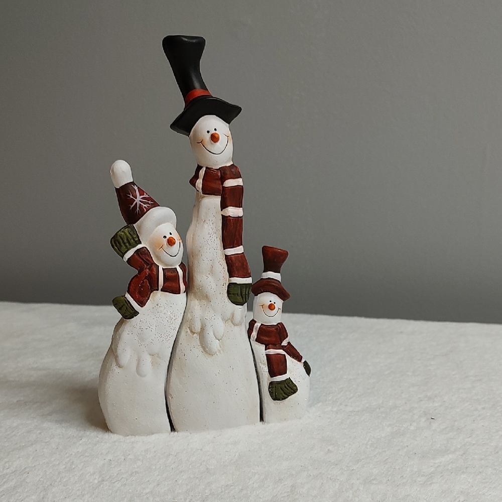 Festive Snowman Family Figurine - White and Red